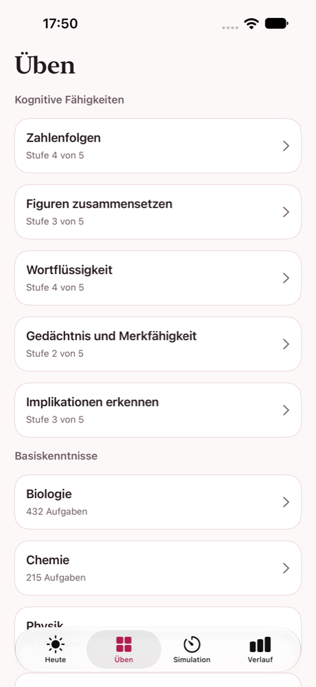 Übungsansicht der Kittel App mit Aufgabengruppen